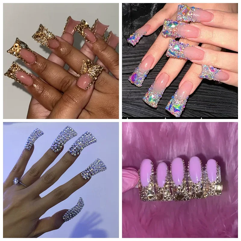 Handgemaakte eendvorm bling strass druk op nagels op maat gemaakte volledige dekking nagel nep nagel met lijm herbruikbare kunstnagels feest