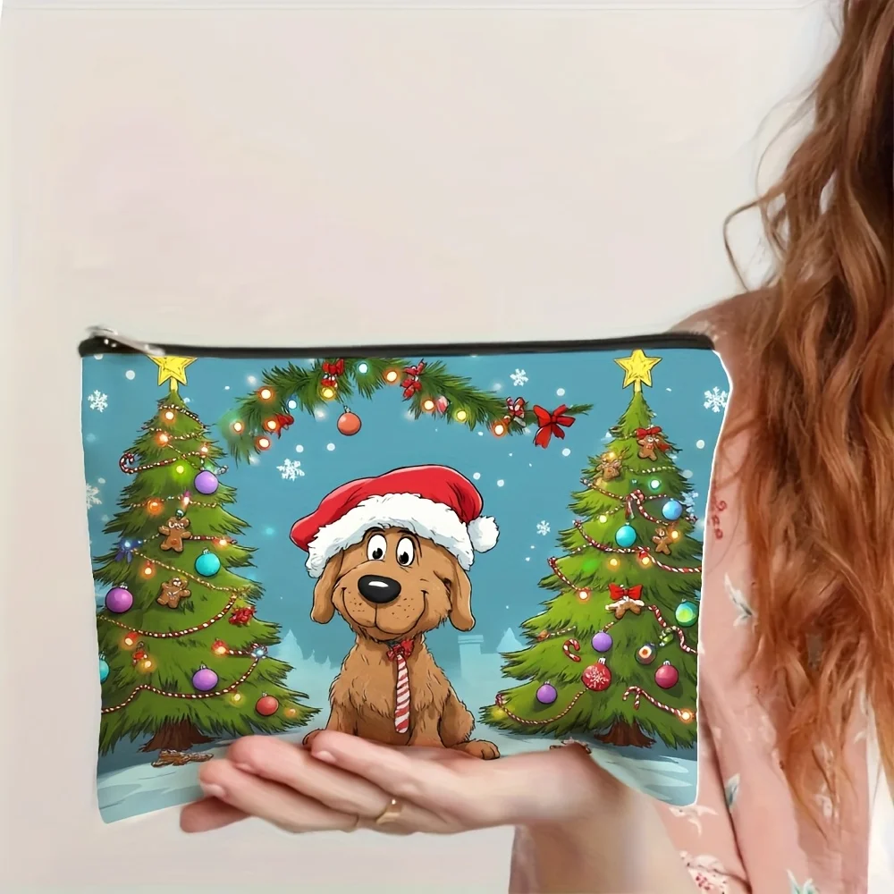 AChristmas Dog Pattern Printed Makeup Bag- multifunctional zipper pouch, jewelry storage bag, perfect travel zipper small storag