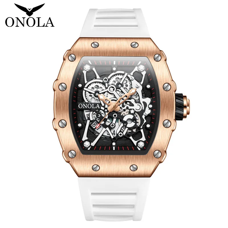 2025 ขายร้อน Rose นาฬิกาผู้ชายแฟชั่นแบรนด์ ONOLA กีฬา Casual สายยางนาฬิกาควอตซ์ Auto วันที่ AAA Tonneau นาฬิกาข้อมือ Man