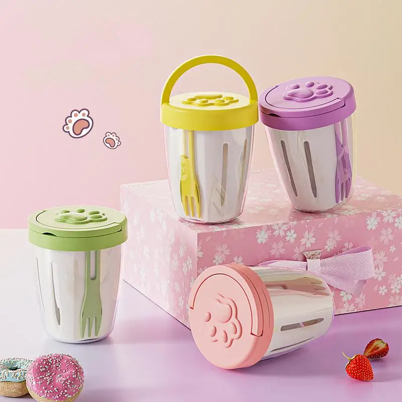 Taza de fruta goteo HUA HUA con tenedor, caja de Picnic portátil sellada a prueba de fugas para cocina, taza de doble capa, taza para aperitivos y ensalada con drenaje