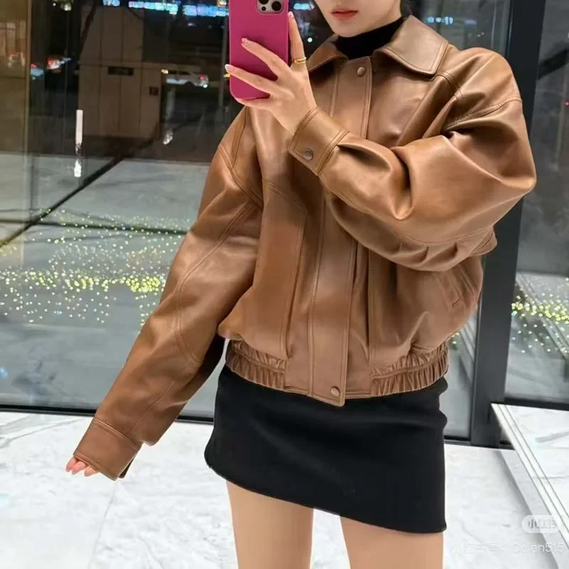 짧은 길이 2025 새로운 패션 여성 코트 봄 가을 드롭 어깨 슬리브 자연 진짜 양피 느슨한 옷