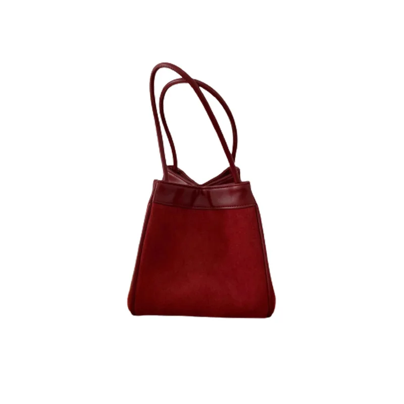 Red Bucket Bag New Texture Christmas and New Year Handheld Bag Women Autumn Winter Red Bride Wedding Splicing Style Bag