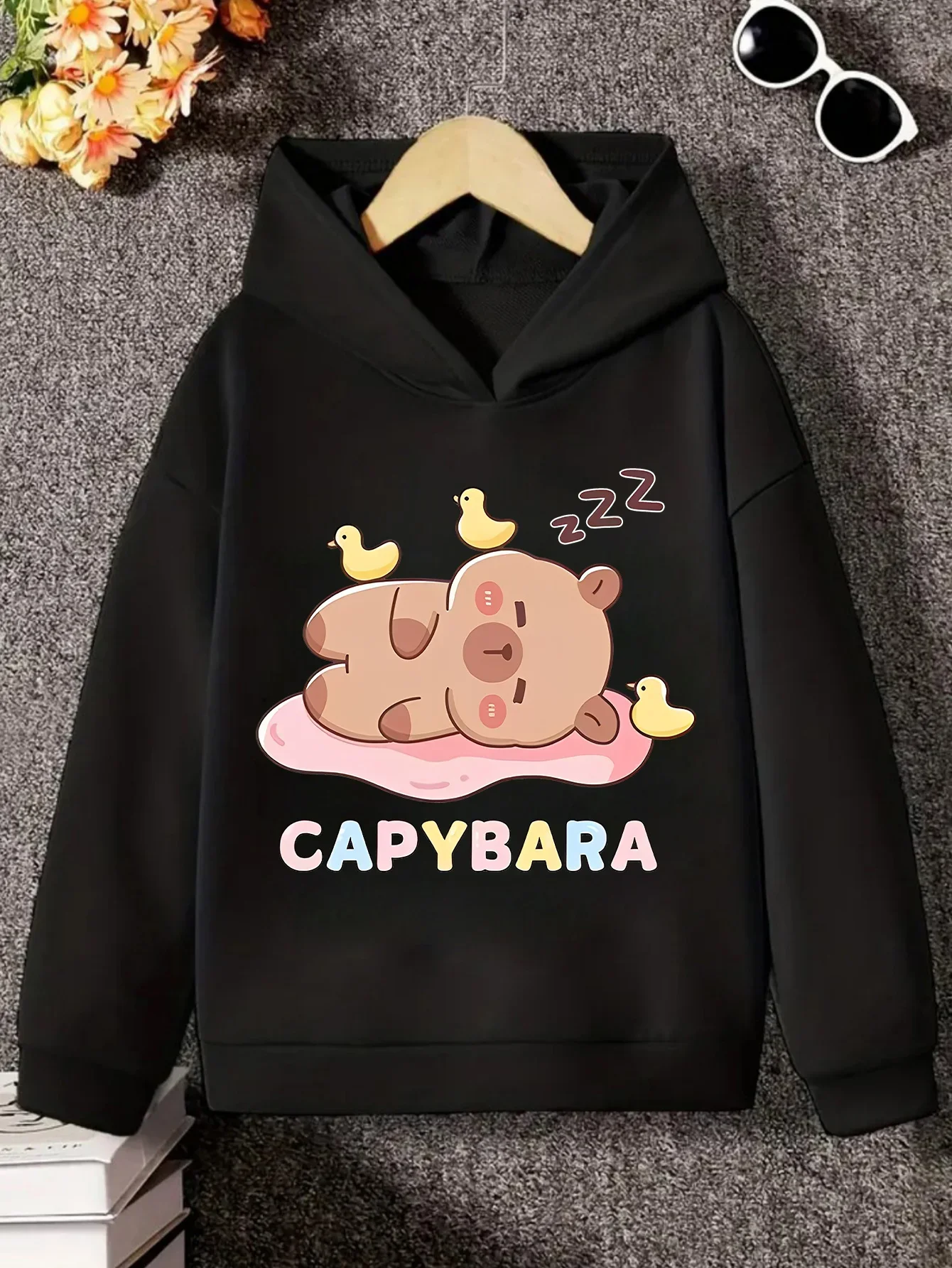 Kids Sleeping Capybara Hoodie Cute Cartoon Animal Graphic Print Kawaii Pullover Sweatshirt Boys Girls Casual Loose Spring Autumn