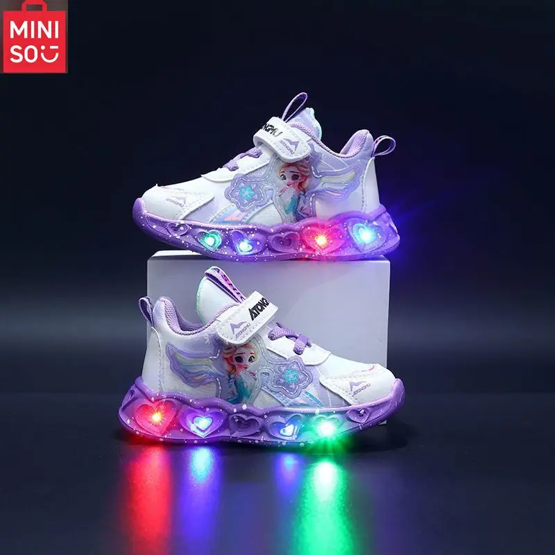 

Легкие кроссовки Miniso Elsa Princess для девочек 2025, водонепроницаемая кожаная обувь на мягкой дышащей подошве