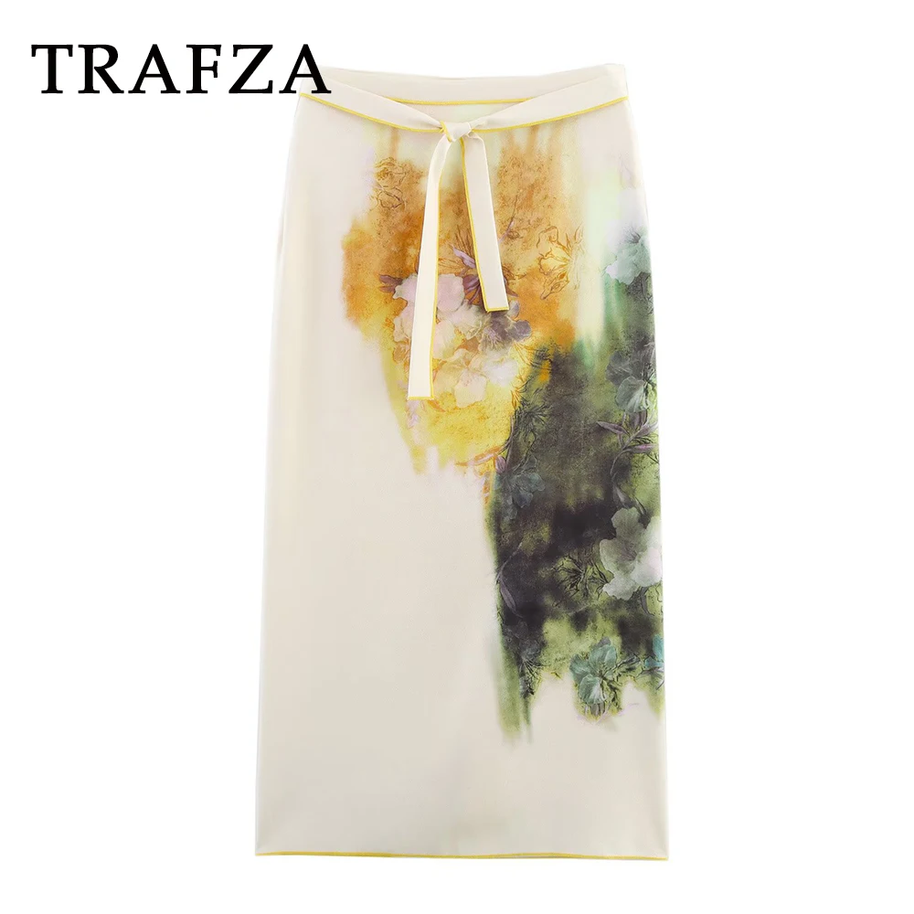 

TRAFZA Chic Print Vintage Woman Casual Lace Skirts Fashion 2025 Summer Zipper Beach Midi Long Elegant Holiday Mujer Split Skirts