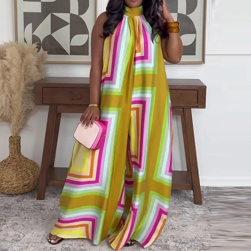 

Fashion Printed Off Shoulder Vacation Jumpsuit Chic Color Blocking Loose Wide Leg Bodysuit Sexy Neck Hanging Sleeveless Playsuit