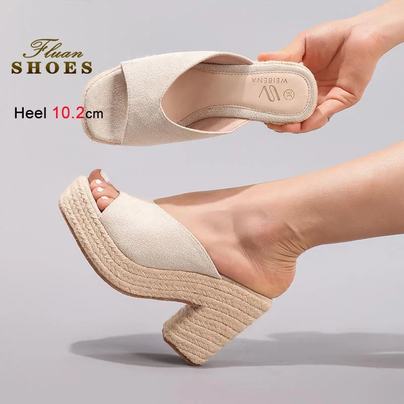 

2025 Hemp Rope Woven Thick Soled Women's Slippers Suede Apricot Sandals Fashion 10cm Super High Heels Lady Shoes Casual Slippers