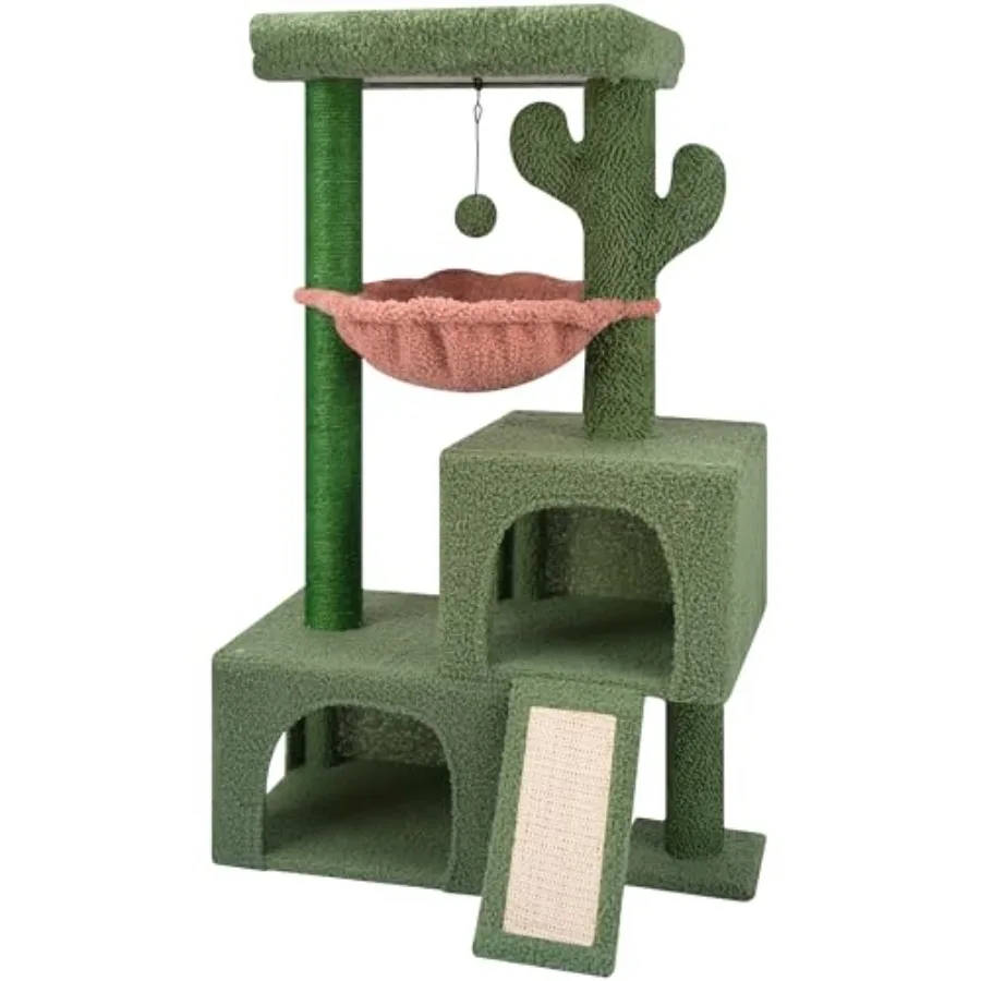 

Кошачья лежанка-башня Cactus 37,4 дюйма с двумя домиками для кошек, универсальный центр активности для домашних кошек с когтеточкой и уютным спальным местом