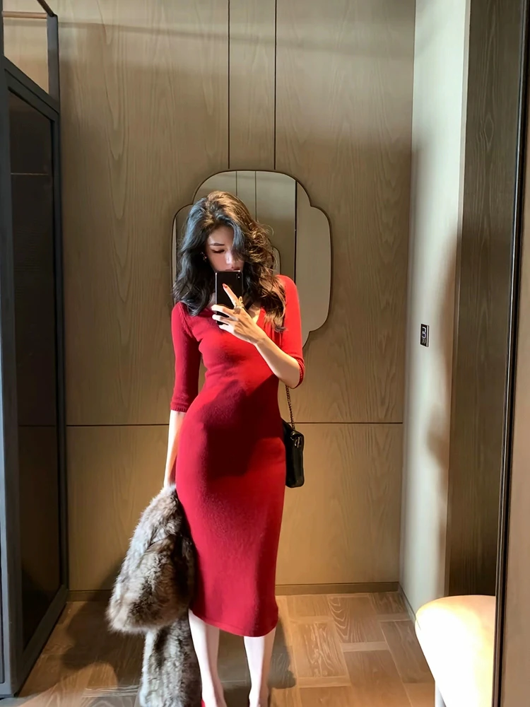 

XZY plus Size Knitted V-Ne Red Long Sve Dr Women's Winter Inner Wear Bodycon Skirt High Waist Polyester Fiber