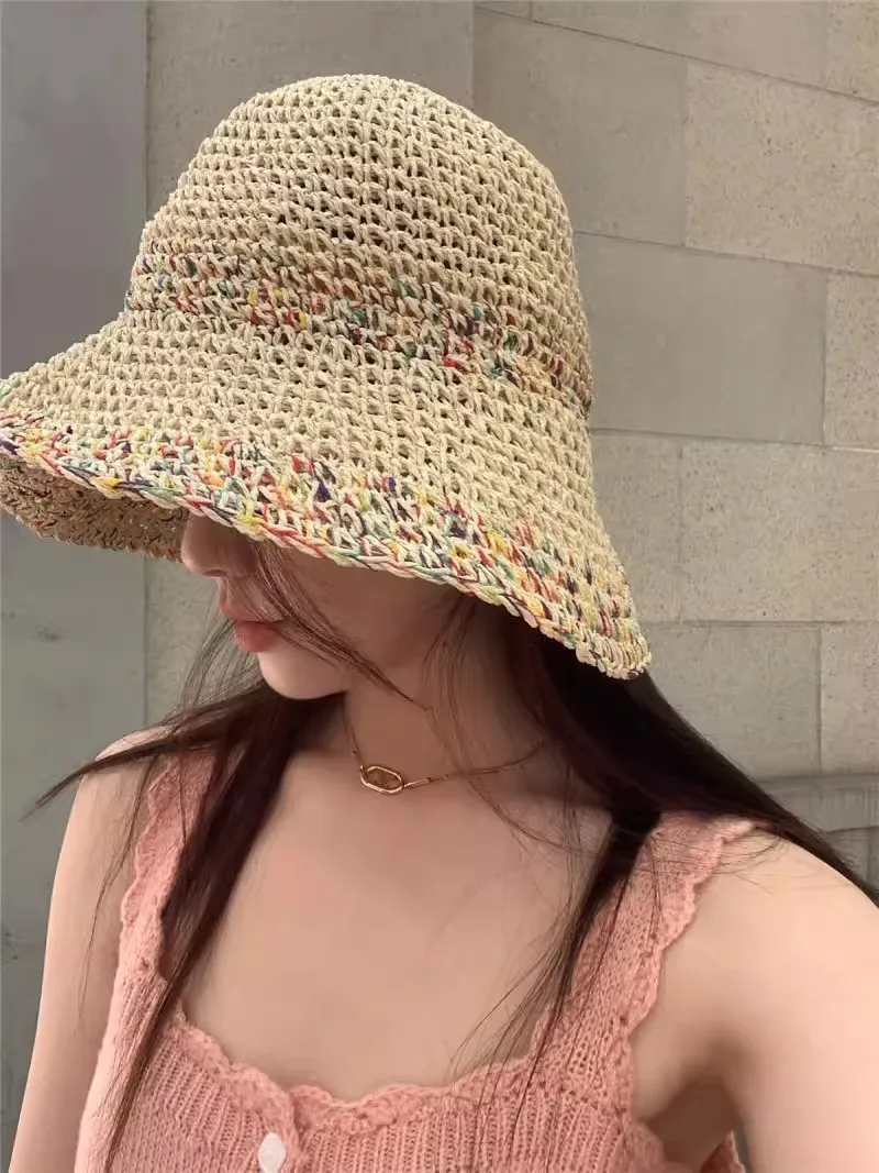 Summer Rainbow Woven for Women\'s Sunscreen Hat Girl Holiday Straw Hat UV Protective Breathable Hollow Seaside Beach Sun Hats