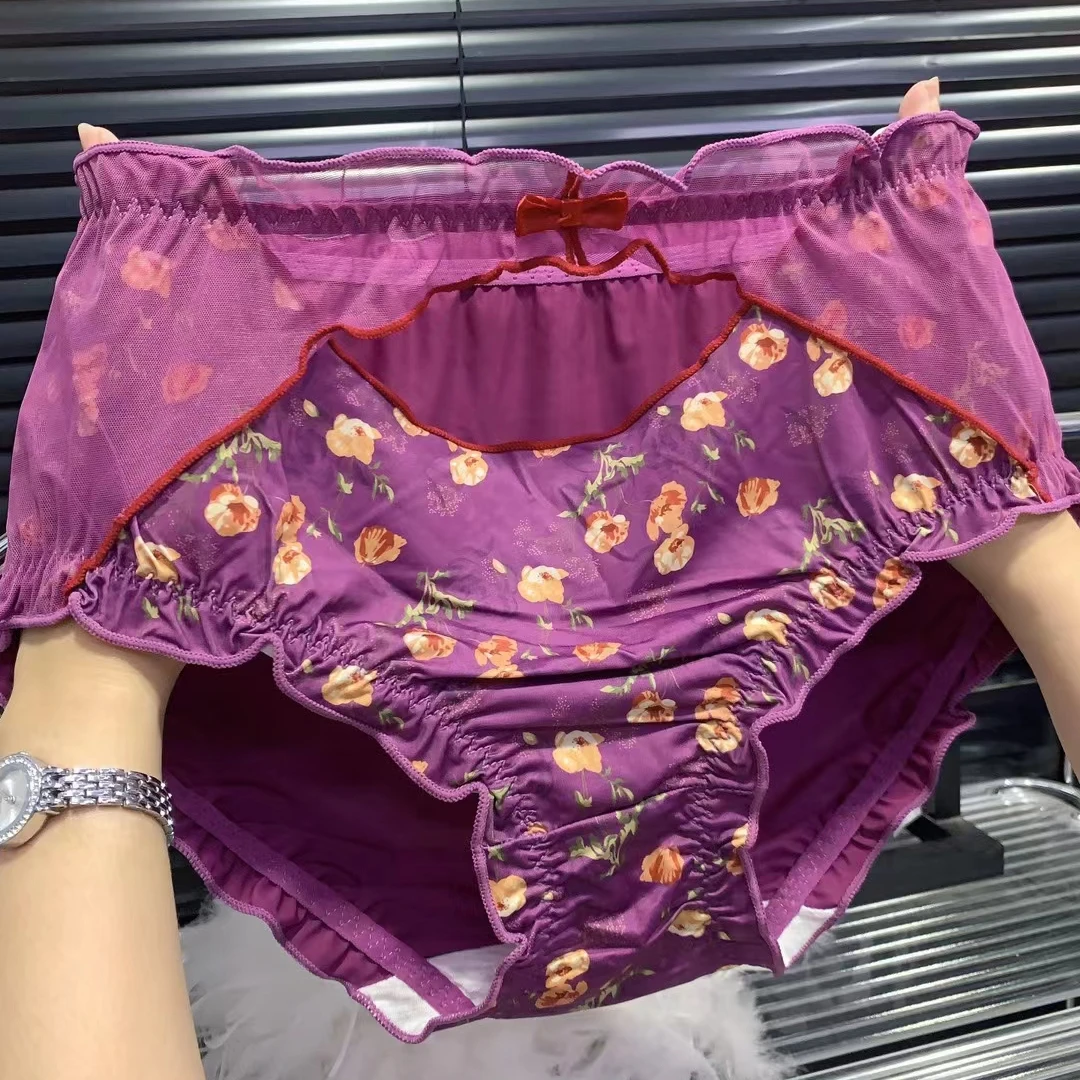 Chinese Style Plus Size Women's Panties High Waisted Floral Satin Underwear Sheer Lace Sexy  lingeries curvy  Hollow-out Briefs image 3
