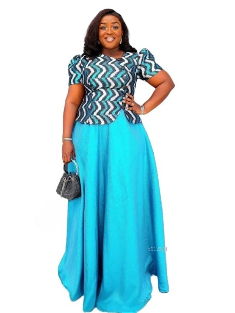 

For African Women Plus Size 2PCS Clothes Party Maxi Robe Fashion Ankara Dashiki Top and Mini Skirt Dress African Work Wear