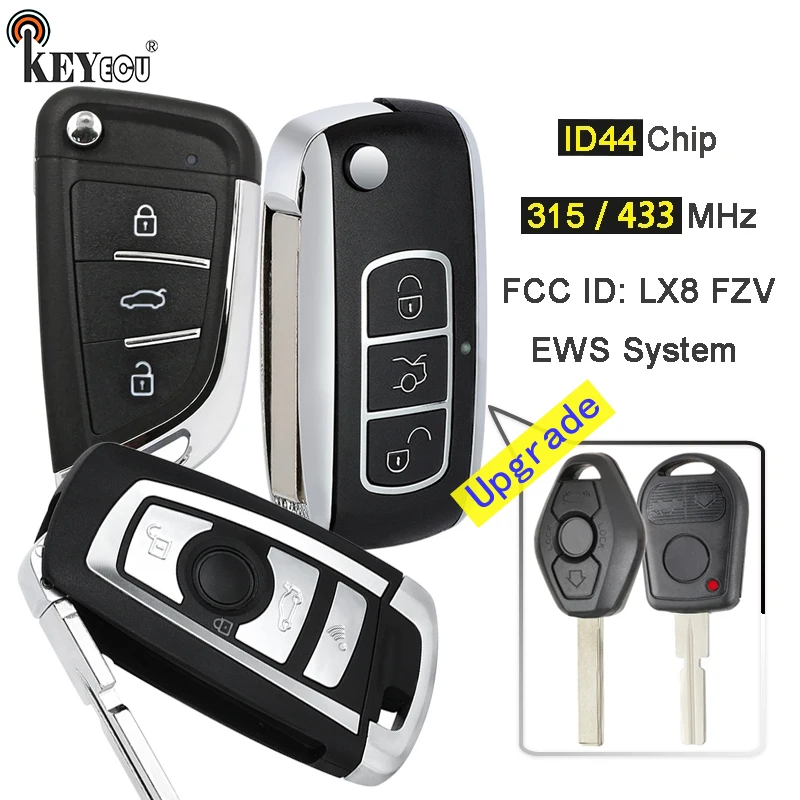 KEYECU EWS System 315MHz/433MHz ID44 Chip LX8 FZV Modified Fold Remote Key for BMW Key 330 318 525 530 540 E38 E46 M5 X3 X5