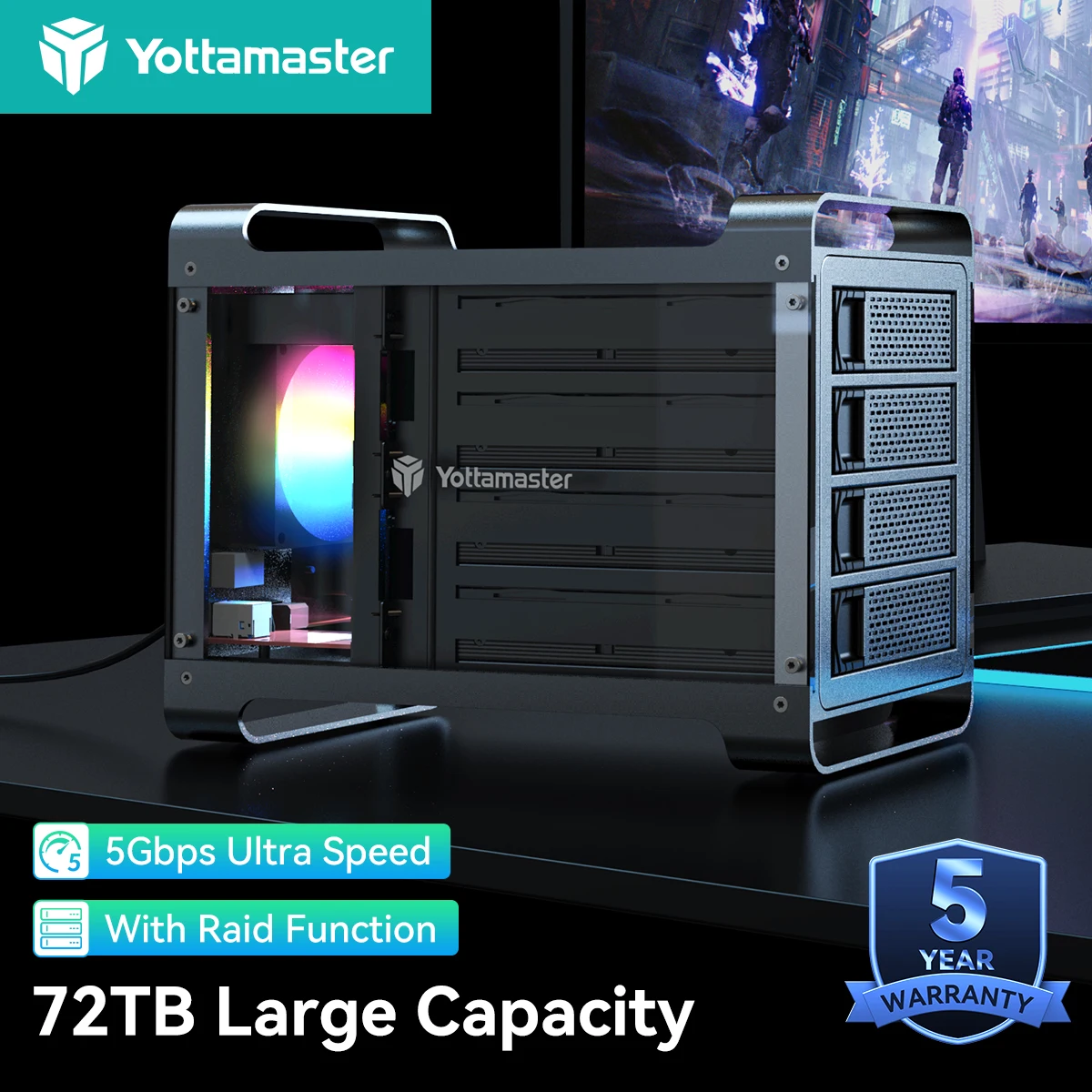 Yottamaster Caja de disco duro externo de 4 bahías 2,5 "3,5" HDD SSD Disco Duro Externo con ventilador silencioso RGB HD Externo