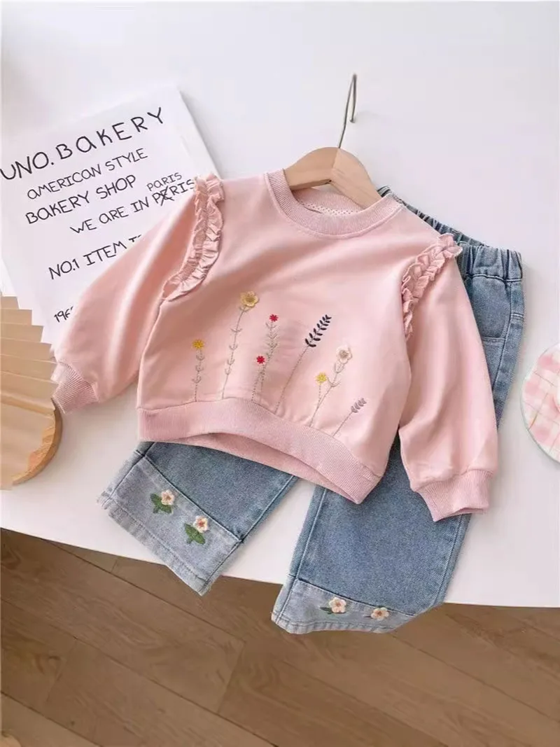 MILANCEL New Autumn Kids Jeans 1-7T Cute Embroidered Flowers Girls Wide Leg Pants Loose Korean Version Children Straight Pants