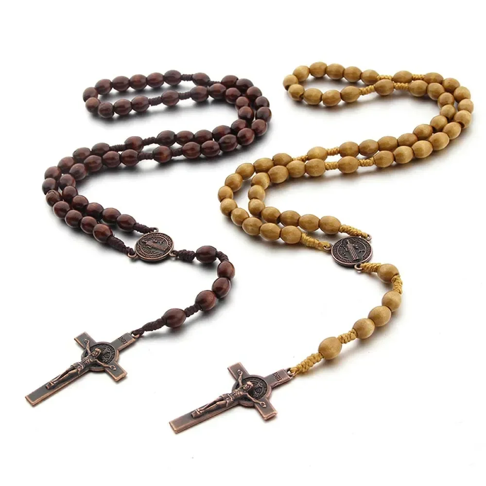 Handmade Wood Beads Rosary Necklace For Women Men Crucifix Cross Pendant Long braided Rope Chain Religious Praye Jewelry