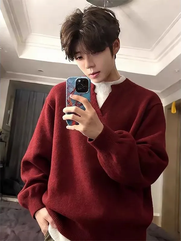 

Красный вязаный свитер с V-образным вырезом, зимний, на Новый год и Китайский Новый год, базовый слой, повседневный, из полиэфирного волокна, длинный рукав, мужской...