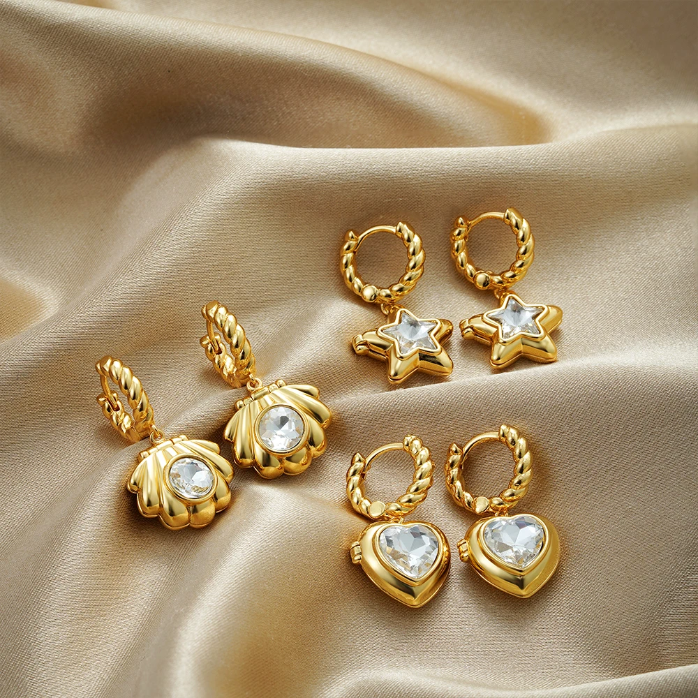 Vintage étoile coquille Photo cadre pince médaillon cerceau boucles d'oreilles pour les femmes ouvrable Album cristal coeur Huggie cerceaux Couples cadeau