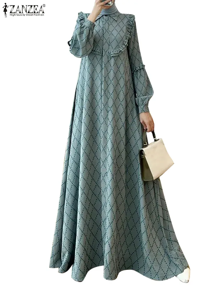 ZANZEA Women Elegant Long Sleeve Muslim Dress Hijab Abaya Robe Femme Bohemain Printed Maxi Long Vestidos Kaftan Islamic Clothing