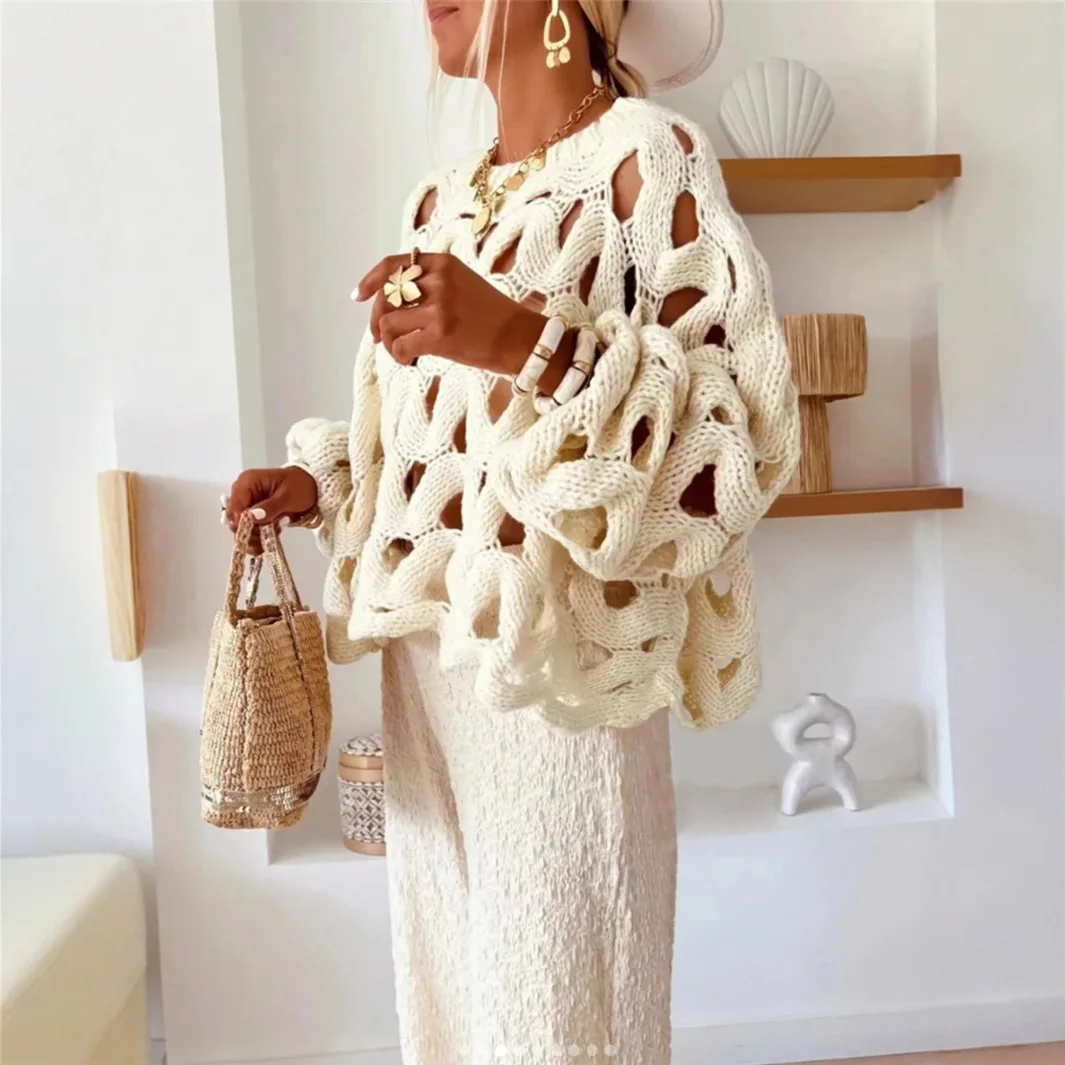 Otoño casual suéter pulóver mujer elegante cuello redondo manga larga blusa suelta 2025 moda de invierno Crochet ahueca hacia fuera Tops de punto