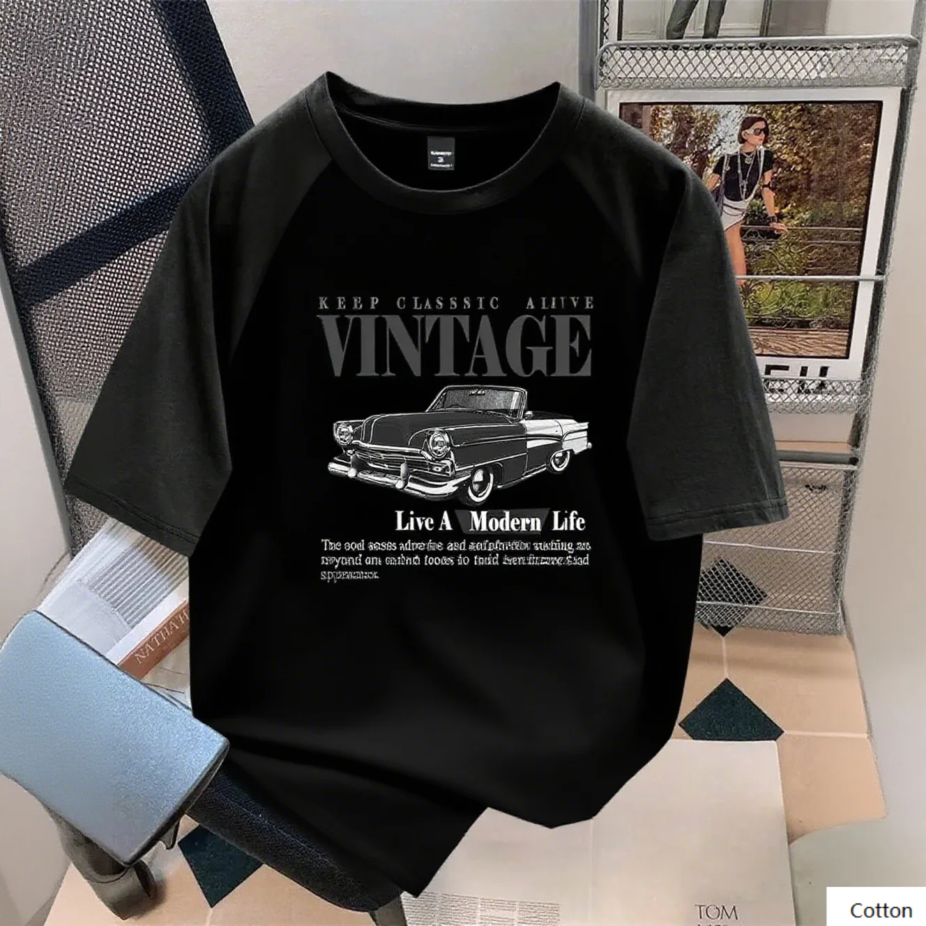 

Vintage Car Print Cotton T Shirt with Keep Classic Alive Slogan and Live A Modern Life Message Ideal for Retro Style Lovers