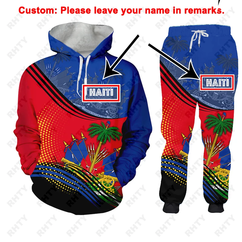 Country Emblem Flag Caribbean Sea Haiti Island hoodie Tracksuit Men 3D Print Pants Pullover Unisex Clothes Dropship custom