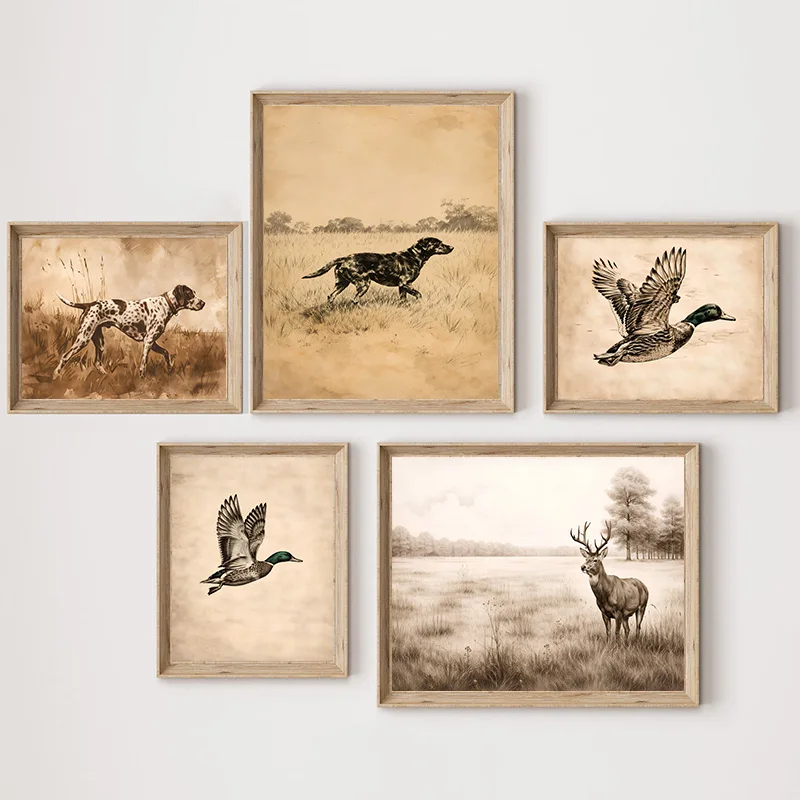 Retro Countryside Hunting Poster Hunting Dog Duck Deer Wall Art Canvas Print Decorative Painting Bedroom Living Room Home Decor