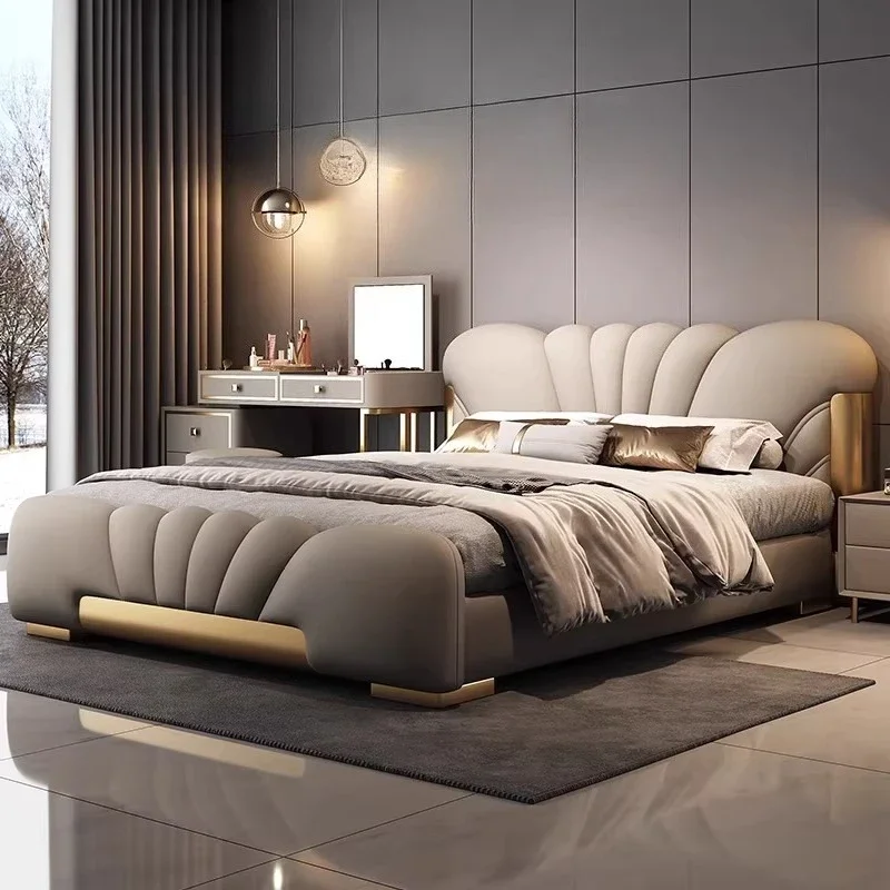 

Nappa Leather Bedroom Bed Soft Backrest Hotel Double Bed Headboard Frame Bedside Table With Drawer King Size Full Set Furniture