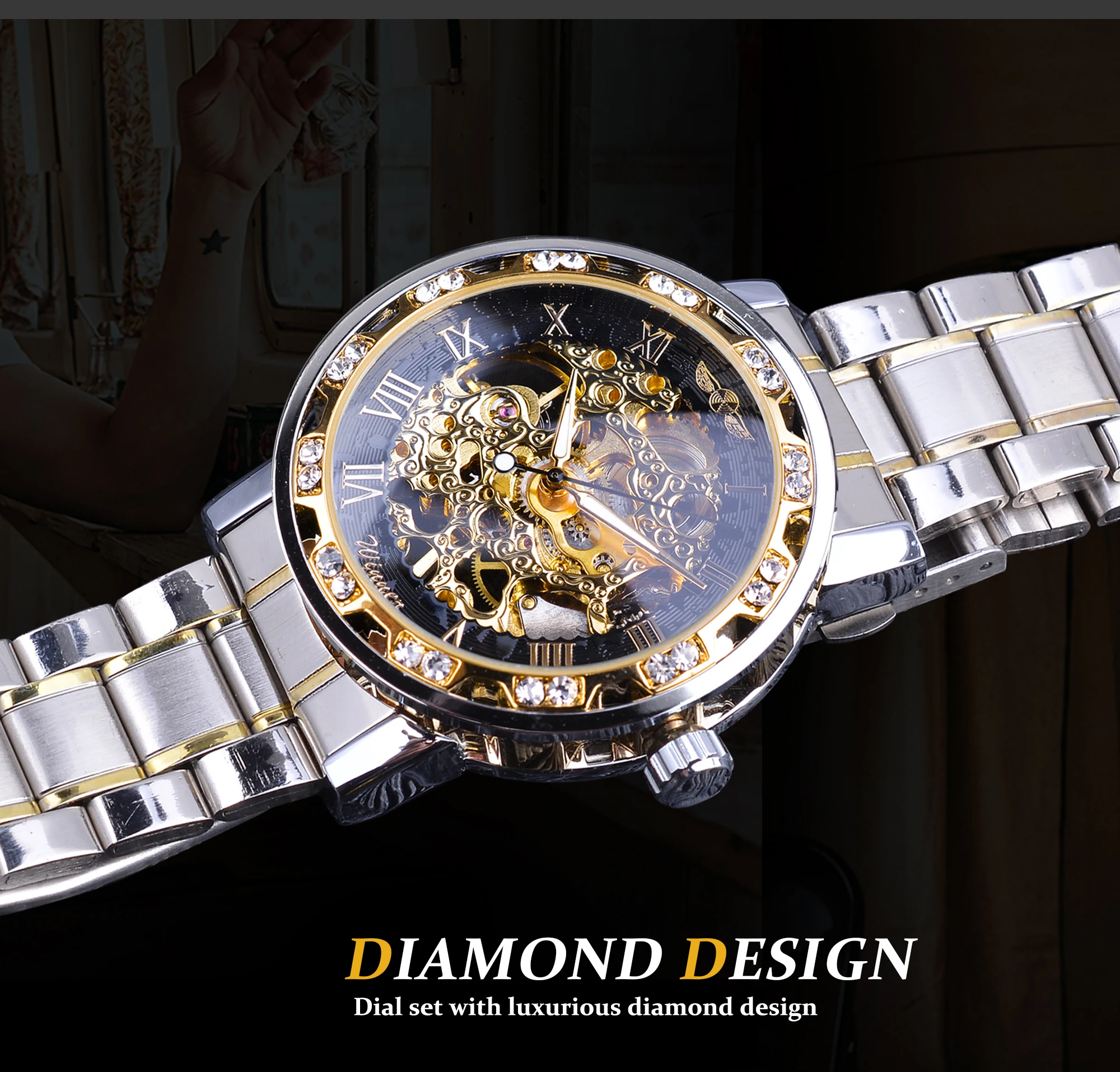 Winner Transparent Fashion Diamond Luminous Gear Movement Royal Design Men Top Brand Luxury Male Mechanical Skeleton Wrist Watch