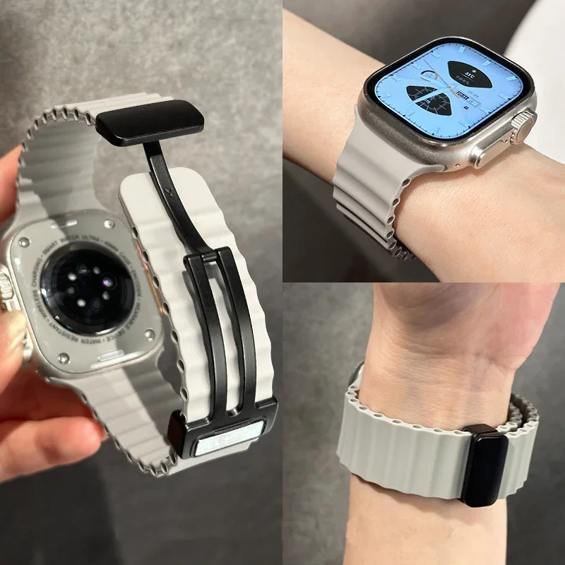 สําหรับ Apple Watch 10 9 8 7 Ultra Band 46 มม.45 มม.49 มม.44 มม.41/42 มม.ซิลิโคนแม่เหล็กสร้อยข้อมือกีฬา iWatch Series SE 6 Ocean สายคล้อง