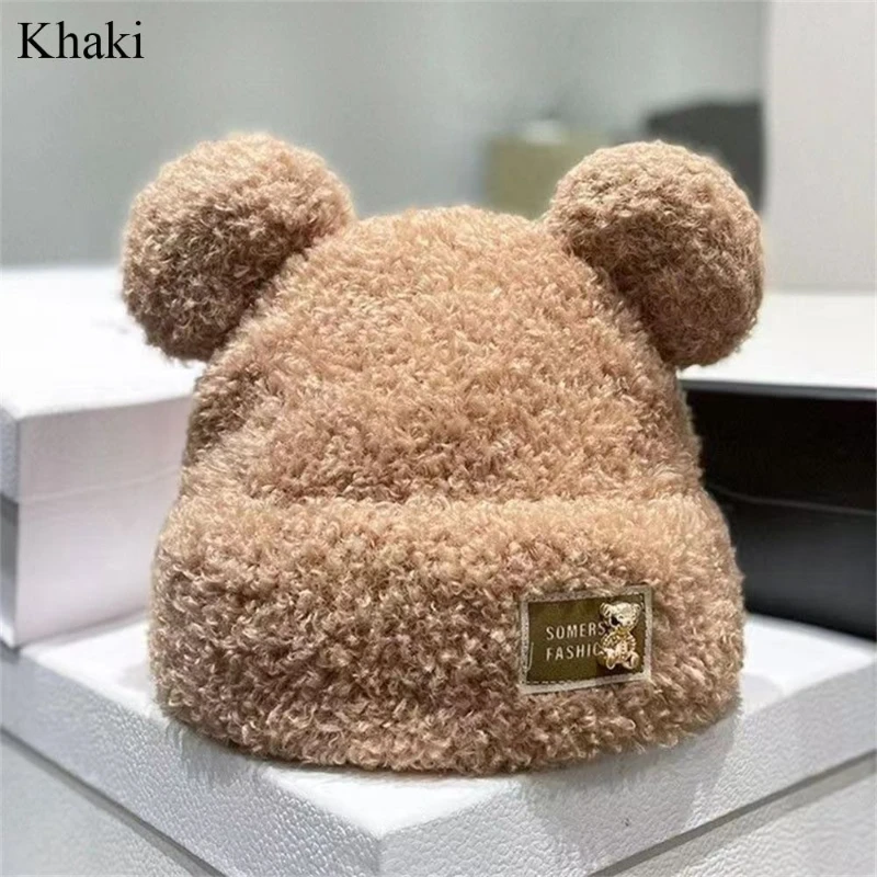 Fashionable Fall and Winter Women\'s Knitted Cap Plush Warm Cute Bear Thickened Knitted Cap Show Face Small Winter Warm Gifts