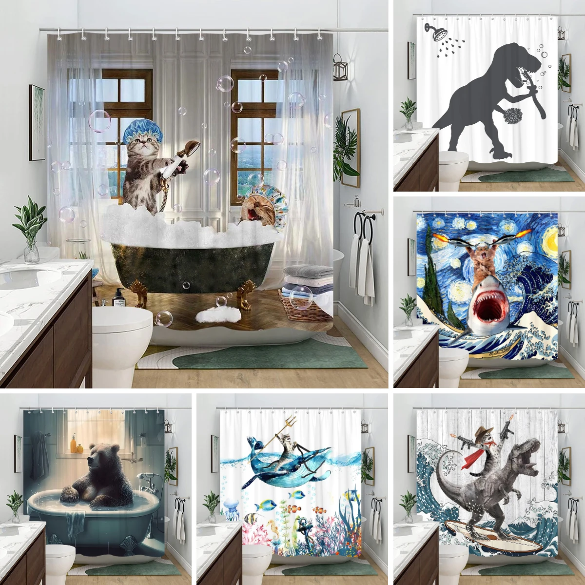 

Забавный кот в ванне для купания, детская занавеска для душа с героями мультфильмов, Тираннозавр Рекс, волна, полиэфирная ткань, занавески для душа, декор для ванной комнаты