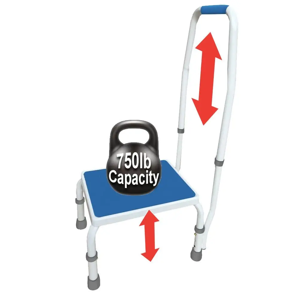 AdjustaStep BARIATRIC Deluxe Step Stool Footstool with Handle Handrail, Height Adjustable. 2 Products in 1. Modern White Blue D