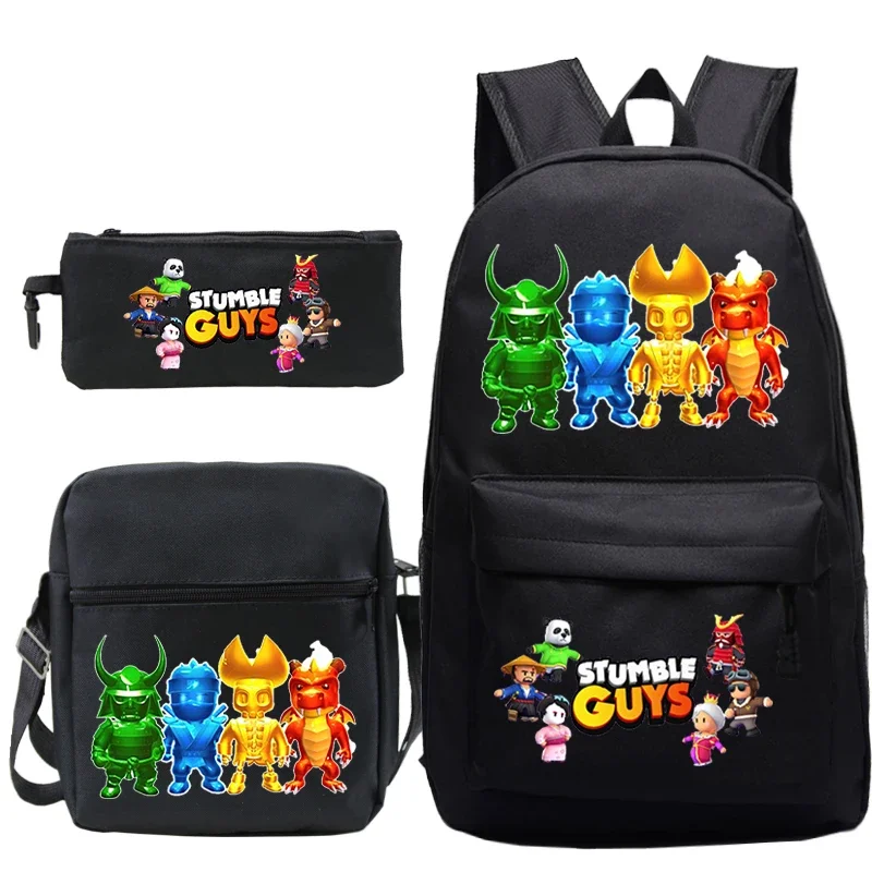 Stumble Guys Mochila para meninos e meninas, Mochilas escolares, Cosplay Cartoon Knapsack, Mochilas Casuais para Crianças, Zipper Bookbag, Presente, 3Pcs Set