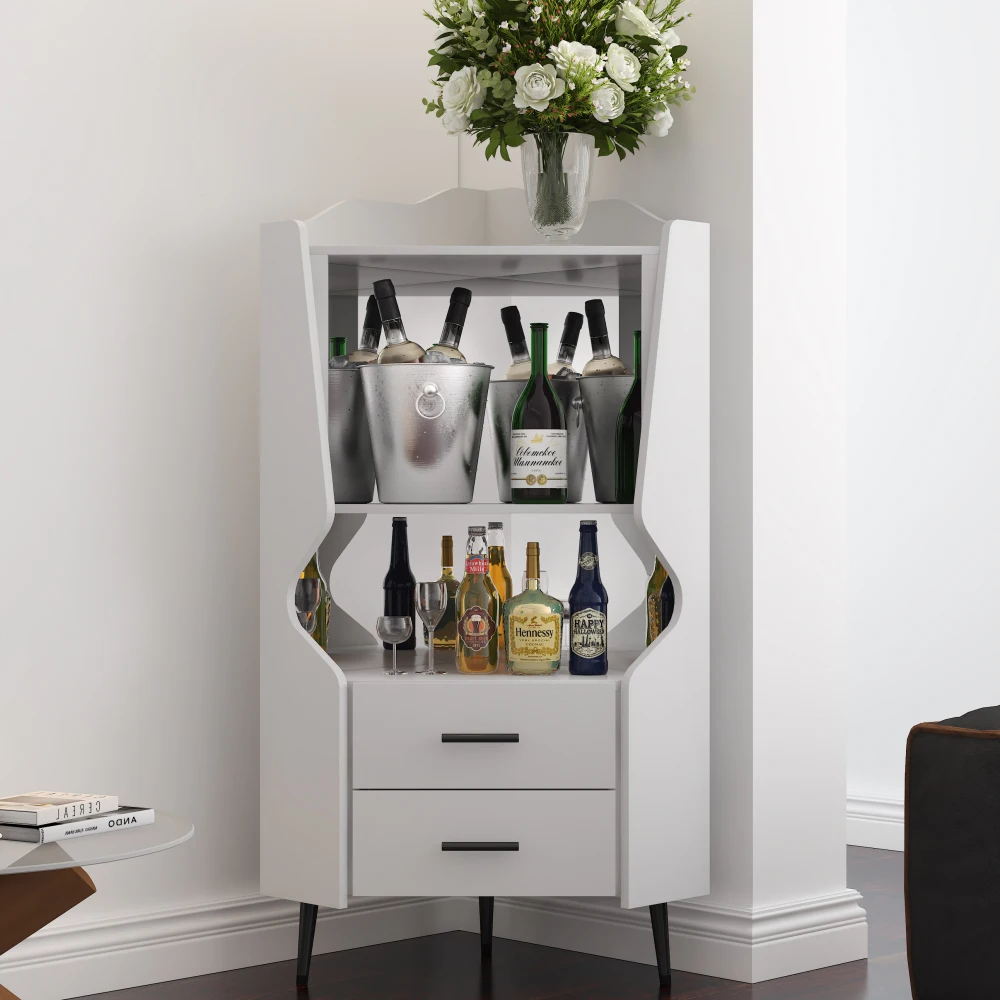 

Wooden Corner Bar Cabinet: 2 Open Shelves, 2 Drawers, Mirrored Back, High Legs, White