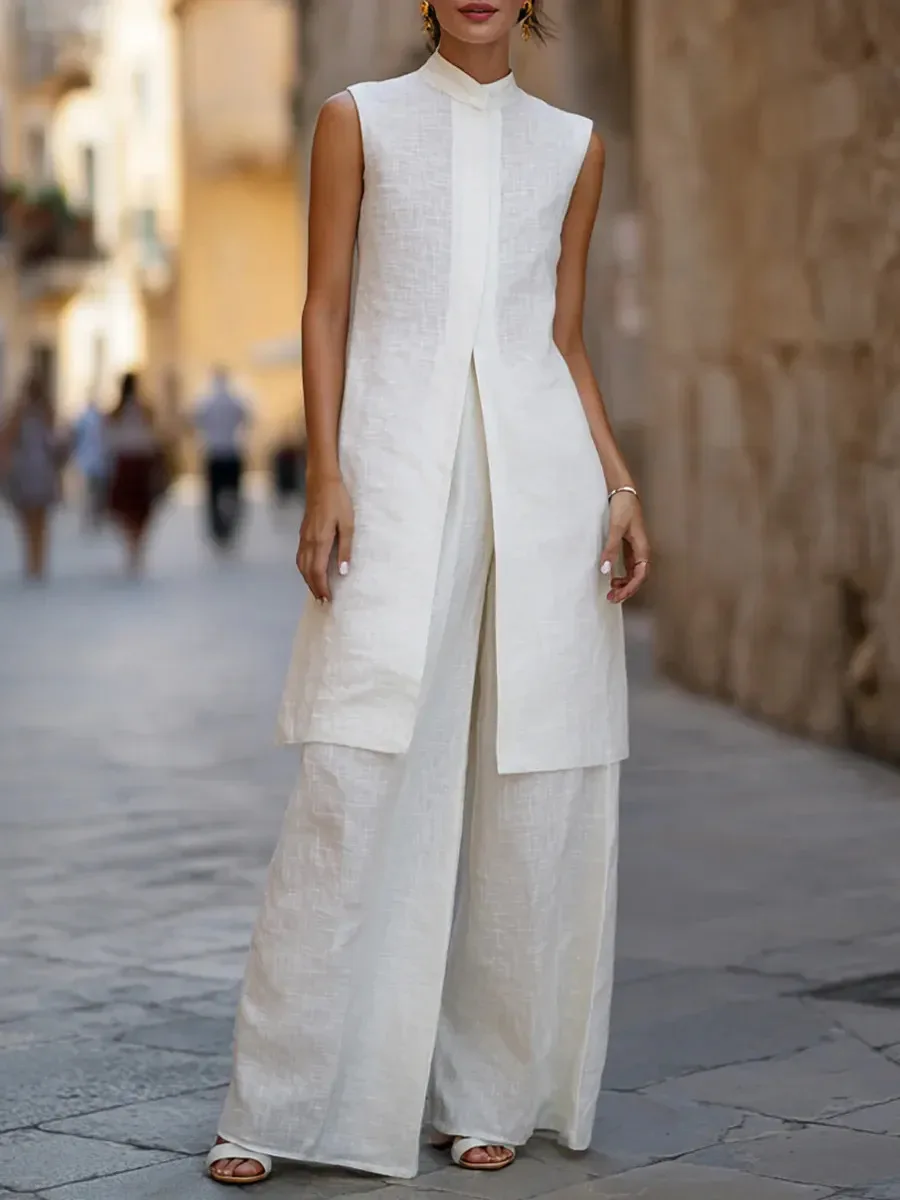 Nouvel ensemble décontracté chic : chemise en lin sans manches à col montant et boutonnage simple, couleur unie, coupe ajustée + pantalon large longueur cheville