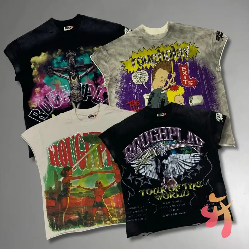 

Высококачественный хлопковый американский уличный наряд, футболка RoughPlay, граффити, потертые отверстия, топы на бретелях для мужчин и женщин, с коротким рукавом