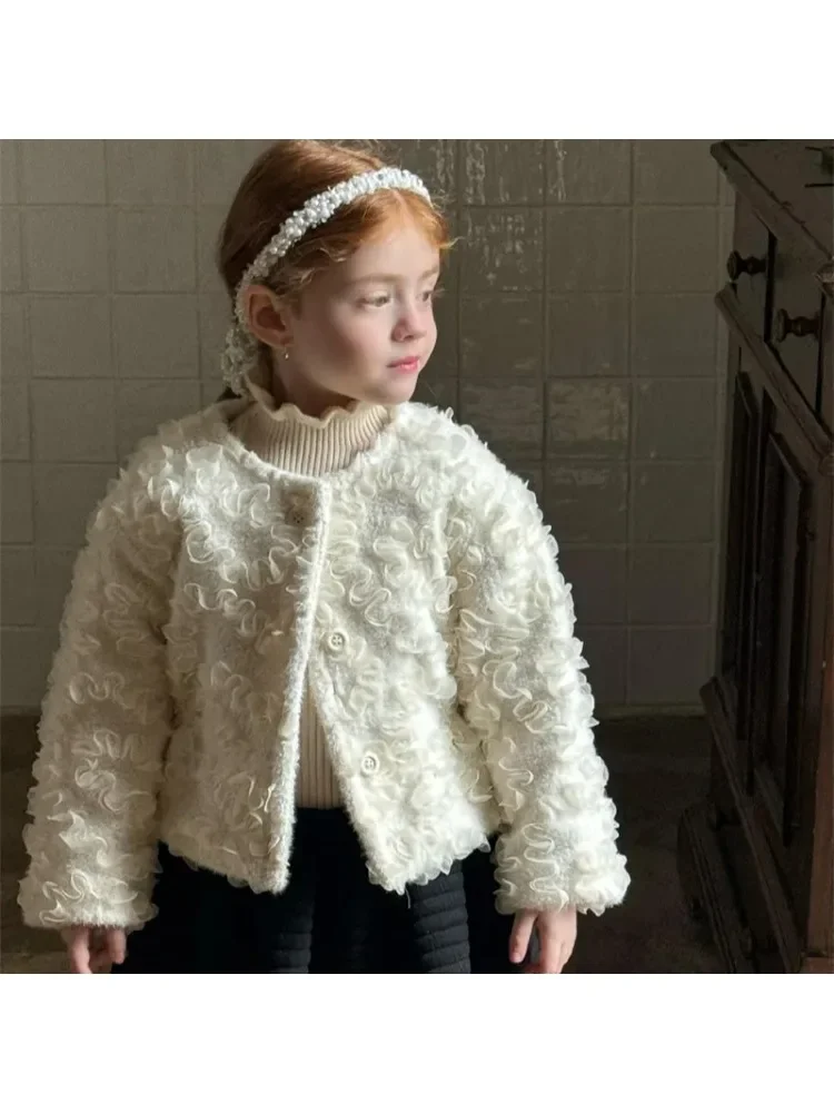 Girls Coat 2024 Winter New Childrens Clothes Girls Baby Foreign Style Chanels Style Embroidery Fur Coat Casual Simple Daily