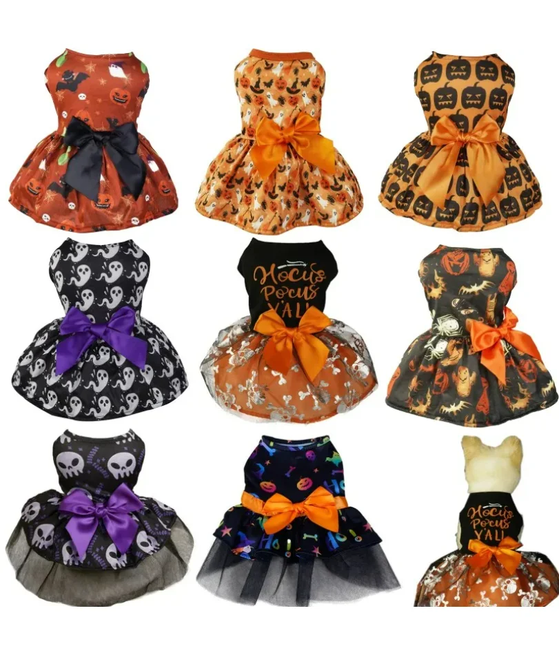 

Halloween Dog Clothes with Print Funny Pet Dress Chihuahua Yorkie Clothing Bow Mesh Party Clothing Cat Costume Dog Dress