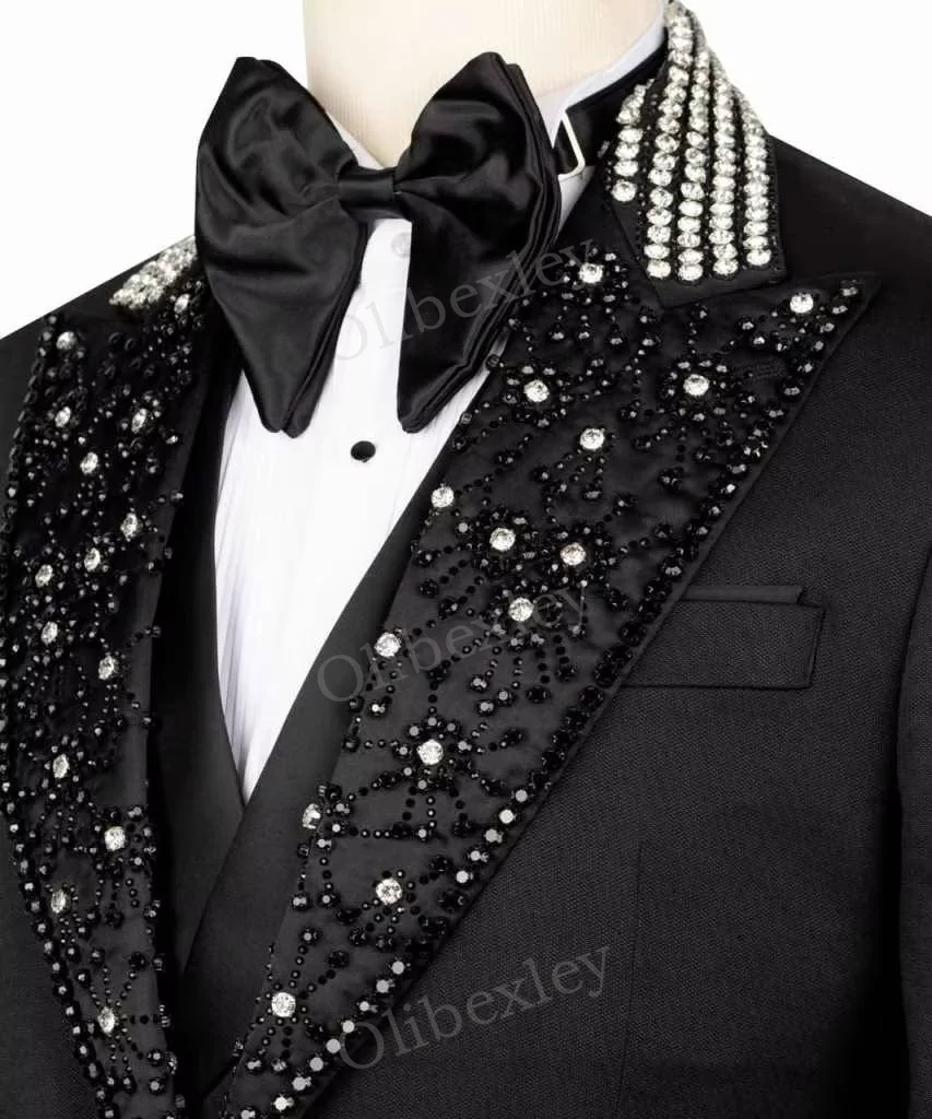 Olibexley Men's Suits 2 Pieces High Quality Beaded Crystals One Button Slim Fit Suits Wedding Groom Business Dinner Party