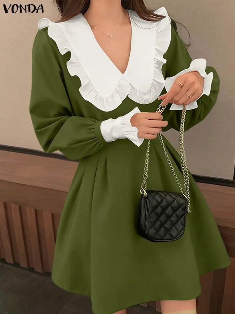 VONDA Elegante Vrouwen Mini Jurken Lange Mouw Peter Pan Kraag Korte Vestidos Herfst Lente Casual Losse Verstoorde Party Gewaad Femme