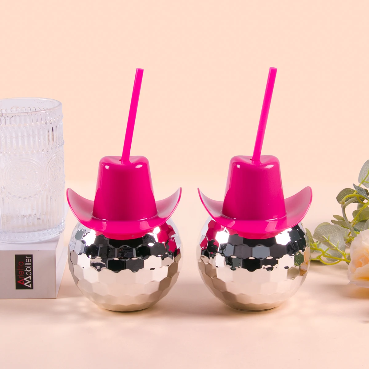 6Pcs Disco Ball Cup Pink Cowgirl Hat Cups with Straw Disco Party Supplies Drinking Wine Cups for Wedding Bachelorette Party