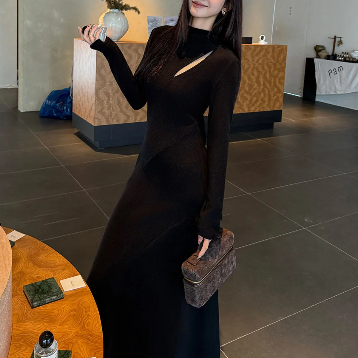 KWTX 2025 nuevo vestido de fiesta elegante Vintage de manga larga Maxi cuello redondo doble botonadura corte Casual sólido Otoño Invierno