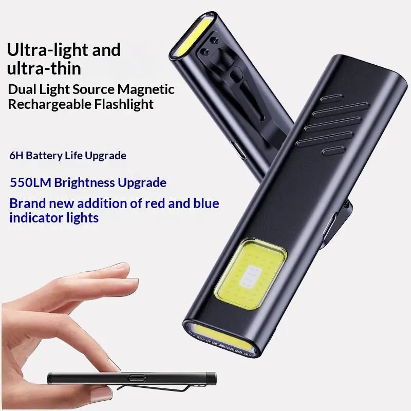 Mini Portable Rechargeable LED Torch Light, Waterproof Outdoor Work Pocket Flashlight with Magnetic Grip, Compact LED Flashligh
