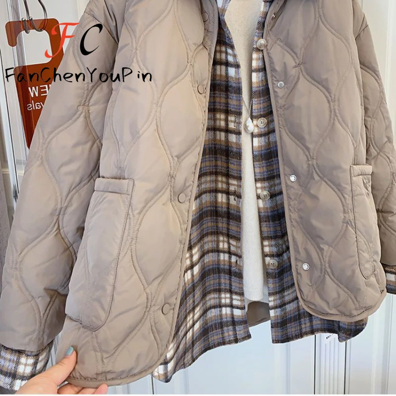 New Autumn Winter Women's Coat Fashion Loose Checkered Shirt Splicing Long Sleeved Cotton Jacket Casual Temperament Thin Parkas image 3