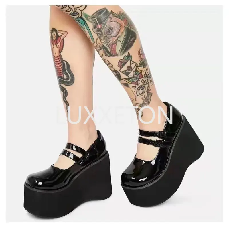 2023 New Platform Wedge High Heels, Sponge Bottom, Slope Heel, Waterproof Platform, Lacquer Leather, Shallow Mouth Women\'s Shoes