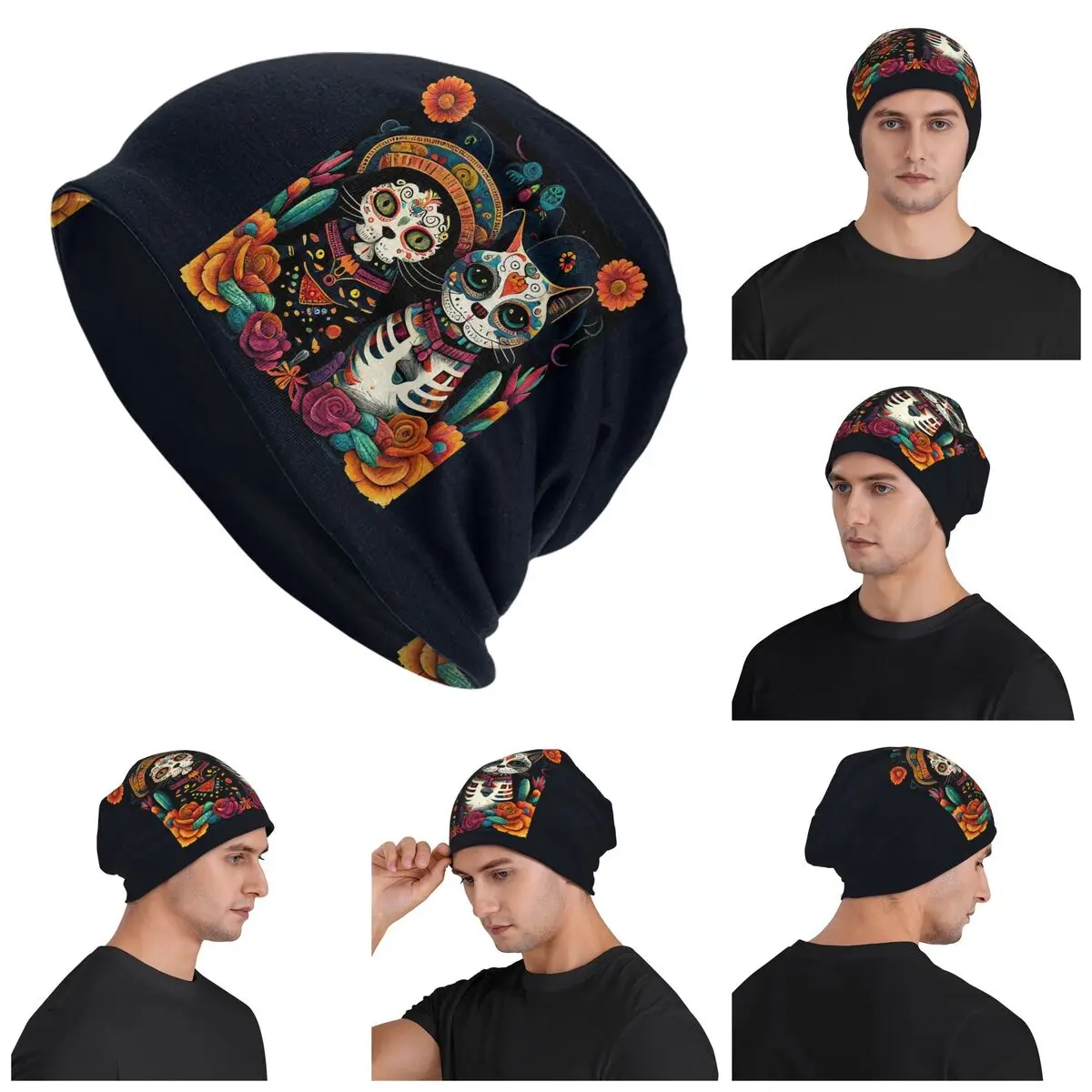 

Day Of The Dead Kitten Cat Sugar Skull Dia De Los Muertos Warm Knitted Cap Fashion Bonnet Hat Autumn Beanies Hats Unisex Adult