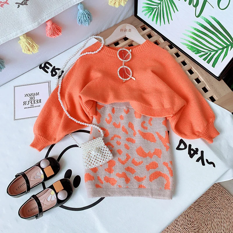 Girls Sweater Sets 2024 Autumn and Winter Knit Set Girls Orange Knit Top+Geometric Printed Skirt Two Piece Set 2-8T Kids