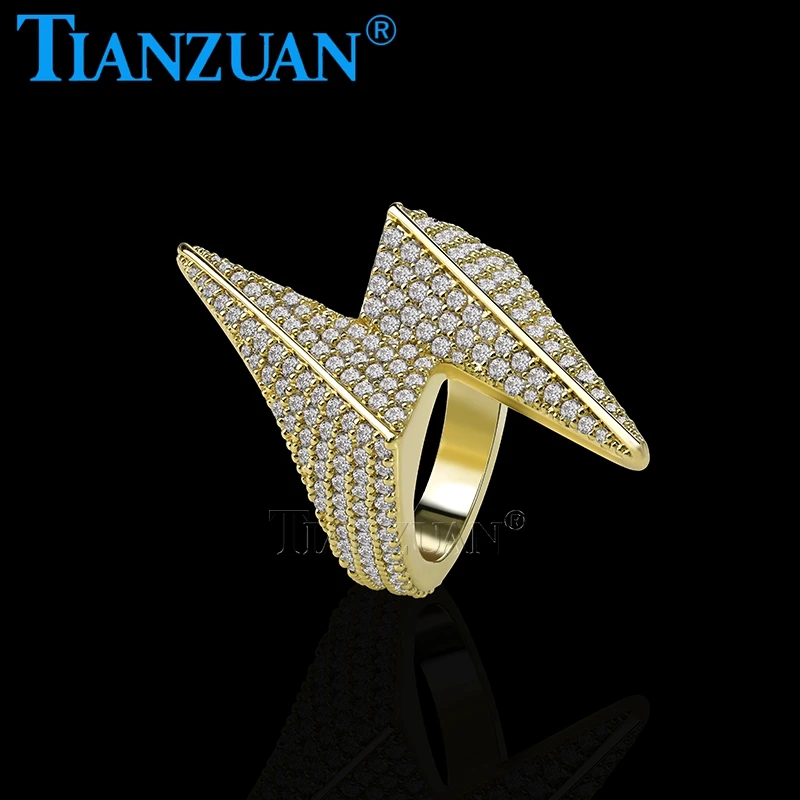 Hip Hop Tready Lightning Gold Plated Rings Moissanite 925 Silver Band Personality Ring for Men Party Jewelry Accessories