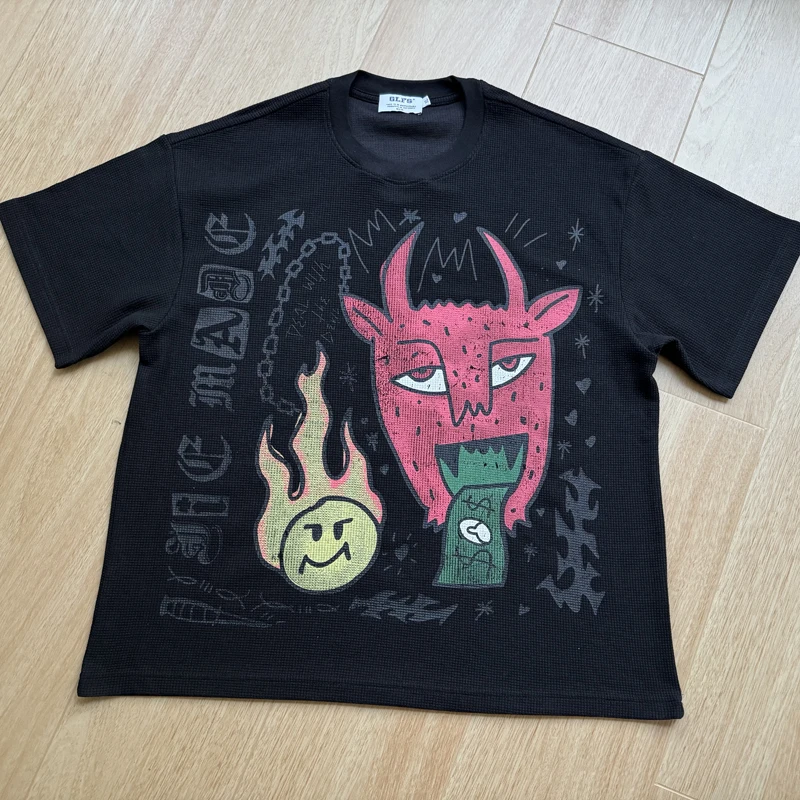 Waffle Cartoon Print Short Sleeve Breathe Quick T Shirt Men Women Black Apricot Summer Daily Streetwear Casual Loose T-shirt